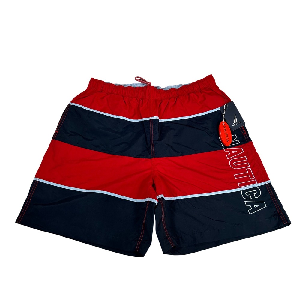 Nautica Mens Swim Trunks Large Red Black Colorblock Logo Mesh Lining NWT T51146